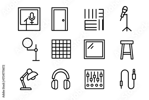Music Studio Icons. Music studio recording session. Line outline icon set of Music studio recording session: