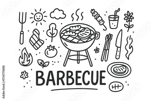 Barbecue Doodle Art. Barbecue. Hand-drawn doodle illustration of Barbecue. In the middle, one slightly larger