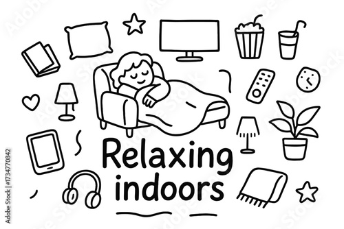 Cozy Indoor Relaxation. Relaxing indoors. Hand-drawn doodle illustration of Relaxing indoors. In the middle,