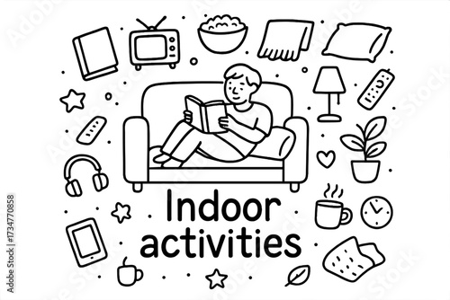 Indoor Activities Doodles. Indoor activities. Hand-drawn doodle illustration of Indoor activities. In the