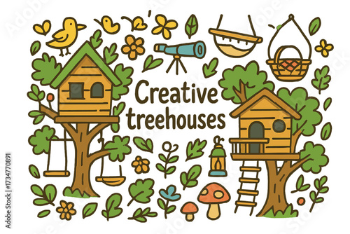 Whimsical Treehouses Doodle. Creative treehouses. Hand-drawn doodle illustration of Creative treehouses.