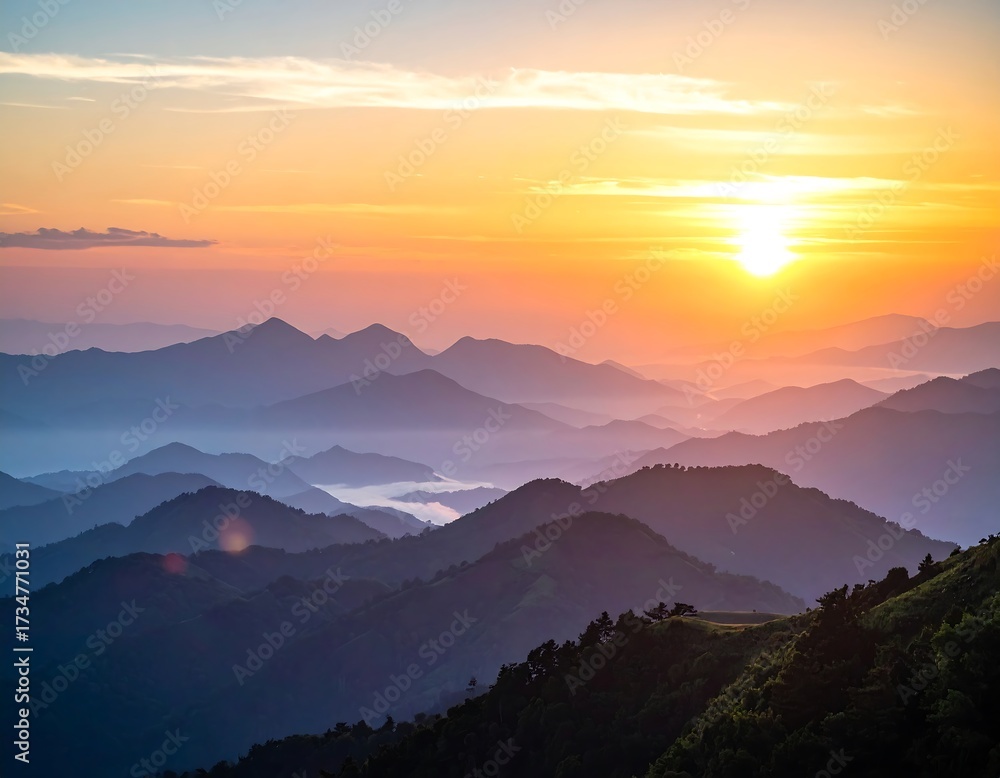 Fototapeta premium A breathtaking sunrise paints the mountain ranges in hues of orange, purple, and blue, creating a serene and majestic vista.