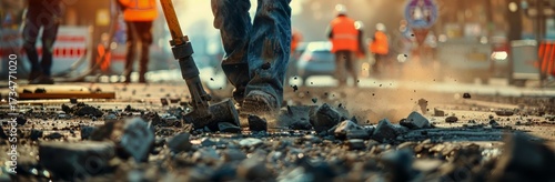 Electric jackhammer in use during road construction work