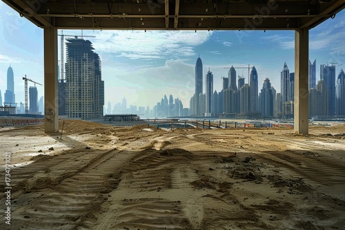 Empty construction site in Dubai with skyline view