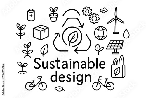 Sustainable Design Doodles. Sustainable design. Hand-drawn doodle illustration of Sustainable design. In the