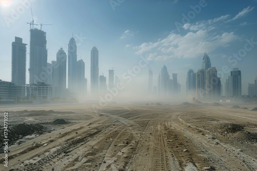 Construction site clearing in Dubai with city skyline view