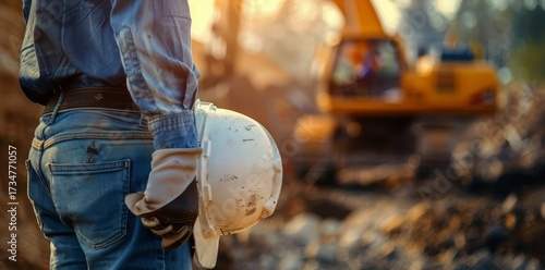 Engineer prepares for construction work at job site with safety helmet