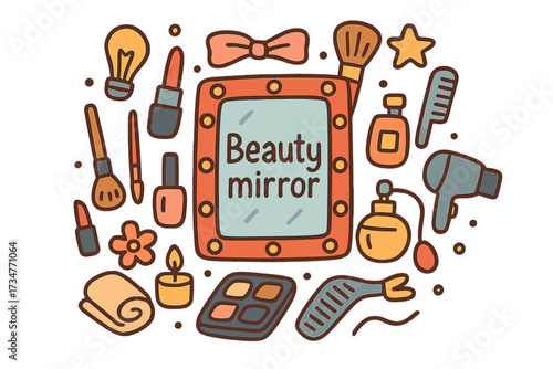 Beauty Mirror Doodle. Beauty mirror. Hand-drawn doodle illustration of Beauty mirror. light bulb, mirror,
