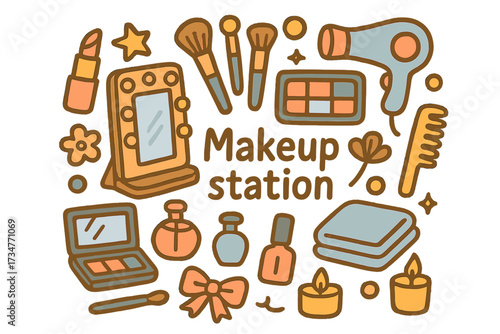Colorful Makeup Station Doodle. Makeup station. Hand-drawn doodle illustration of Makeup station. mirror,