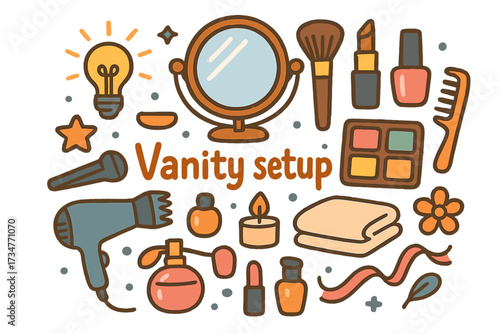 Vanity Essentials Doodle. Vanity setup. Hand-drawn doodle illustration of Vanity setup. mirror, light bulb,