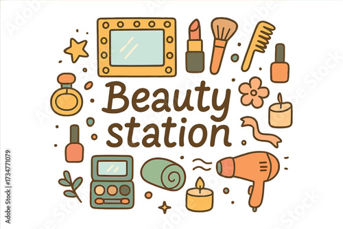 Beauty Station Doodle. Beauty station. Hand-drawn doodle illustration of Beauty station. mirror, light bulb,