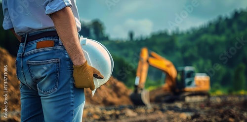 Engineer holds helmet while overseeing construction site progress