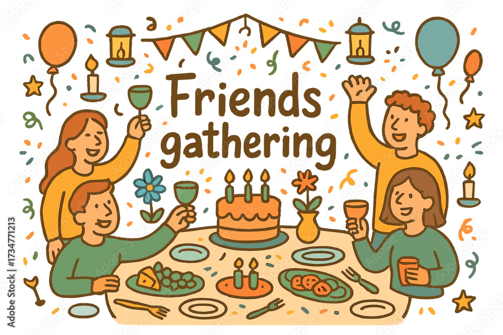 Fototapeta premium Celebration with Friends. Friends gathering. Hand-drawn doodle illustration of Friends gathering. friends,