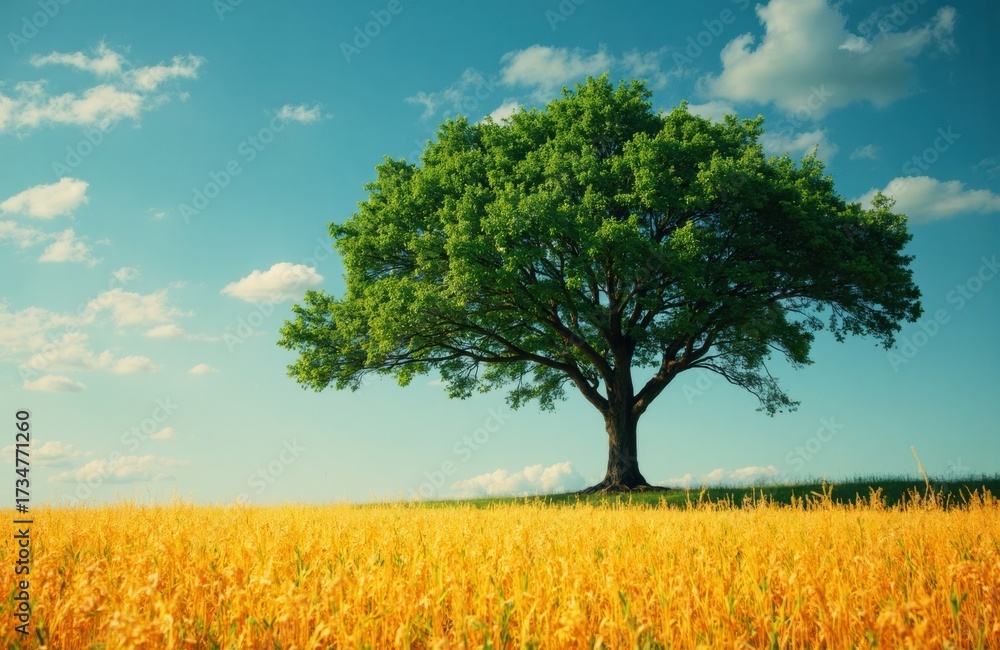 Fototapeta premium A solitary green tree stands prominently in a golden field under a bright blue sky with scattered clouds
