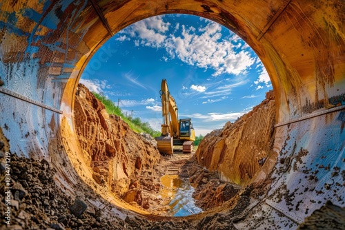 Excavator digging in construction site under clear blue sky