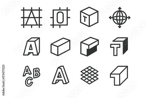 3D Typography Icon Set. 3D typography. Line outline icon set of 3D typography: letter grid, number grid, text