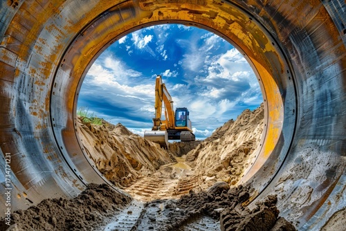 Excavator on construction site digging through sandy earth