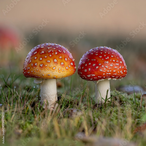 two fly agaric mushroom in forest