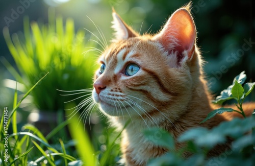 Woman with orange tabby cat outdoors in natural sunlight