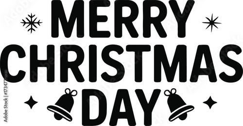 Merry Christmas Day festive typography design, a holiday graphic with snowflakes and jingle bells