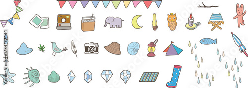 Camping, Travel, and Hobby Line Drawing Elements.