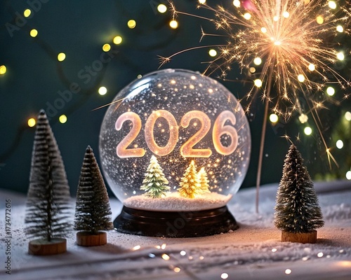 Snow globe with “2026” glowing inside, surrounded by tiny Christmas trees