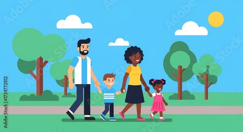 Family Stroll in the Park: A lively cartoon illustration showcases a loving family, comprised of parents and two children, joyfully strolling hand-in-hand through a sunny park.