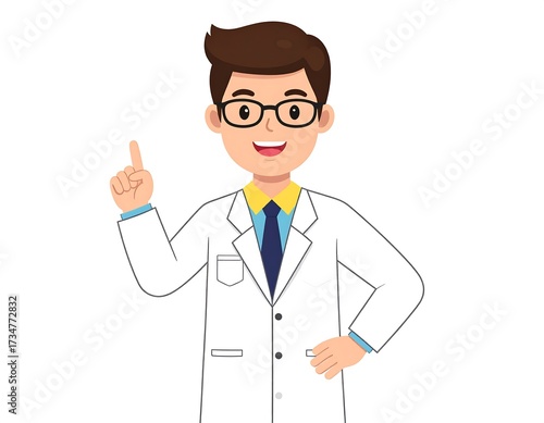 A cheerful cartoon doctor, dressed in a white lab coat, points upward with a confident, smiling expression.