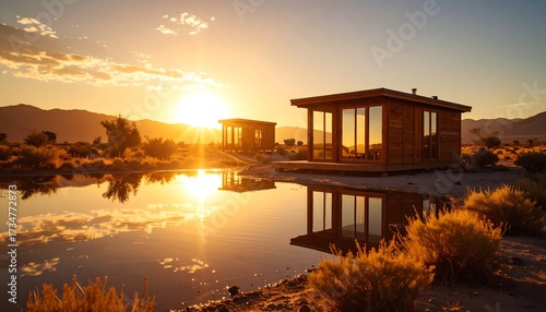 Sunset Over Cabins Reflecting in Peaceful Water Landscape