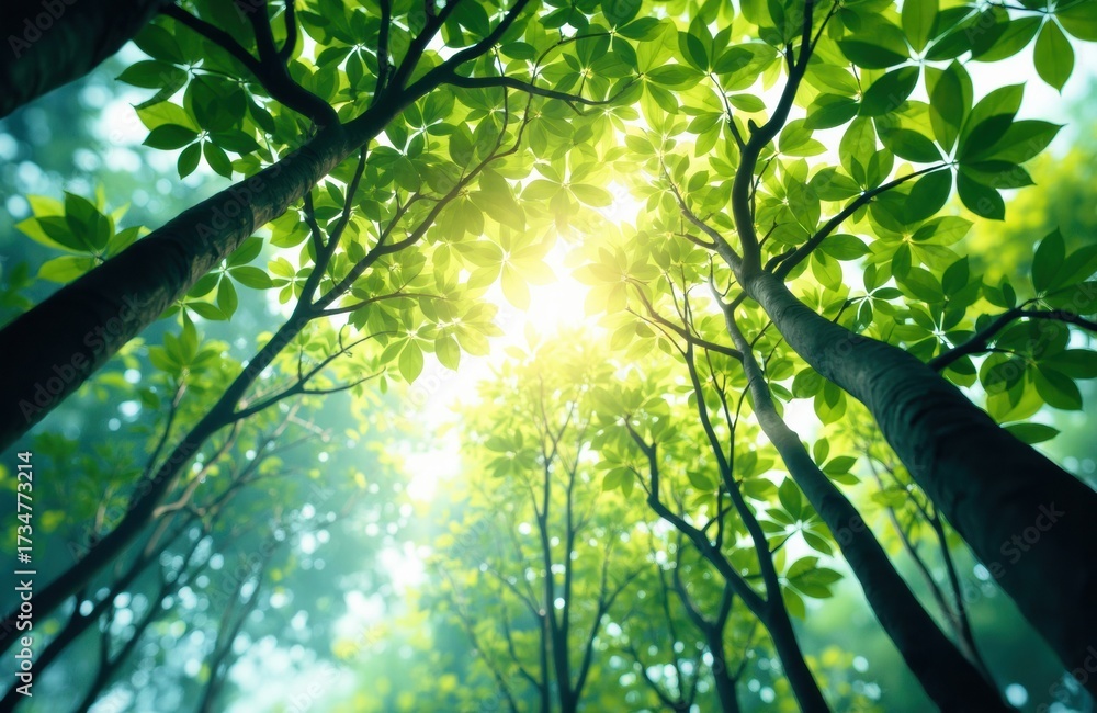 Fototapeta premium Sunlight filters through lush green tree canopy in a vibrant forest scene
