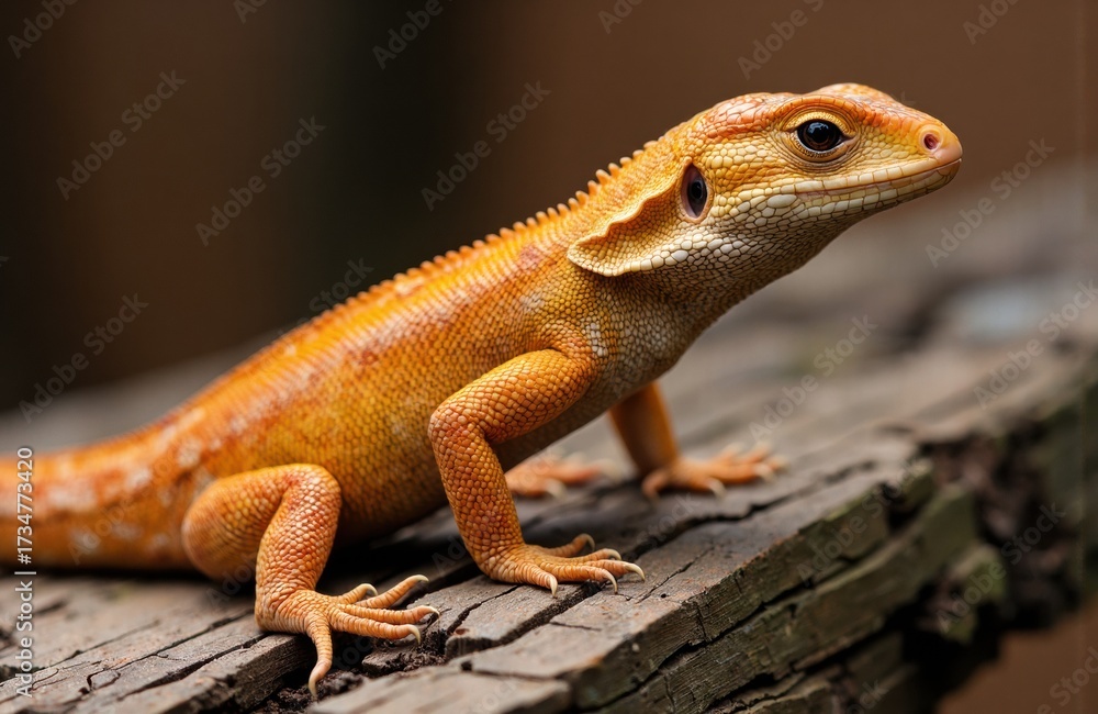 Fototapeta premium A close-up of a vibrant orange and yellow lizard resting on a textured wooden surface