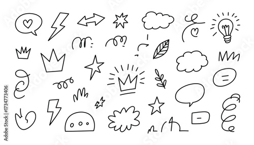 Hand drawn doodle elements collection symbols icons speech bubbles stars lightbulb crowns lightning bolts