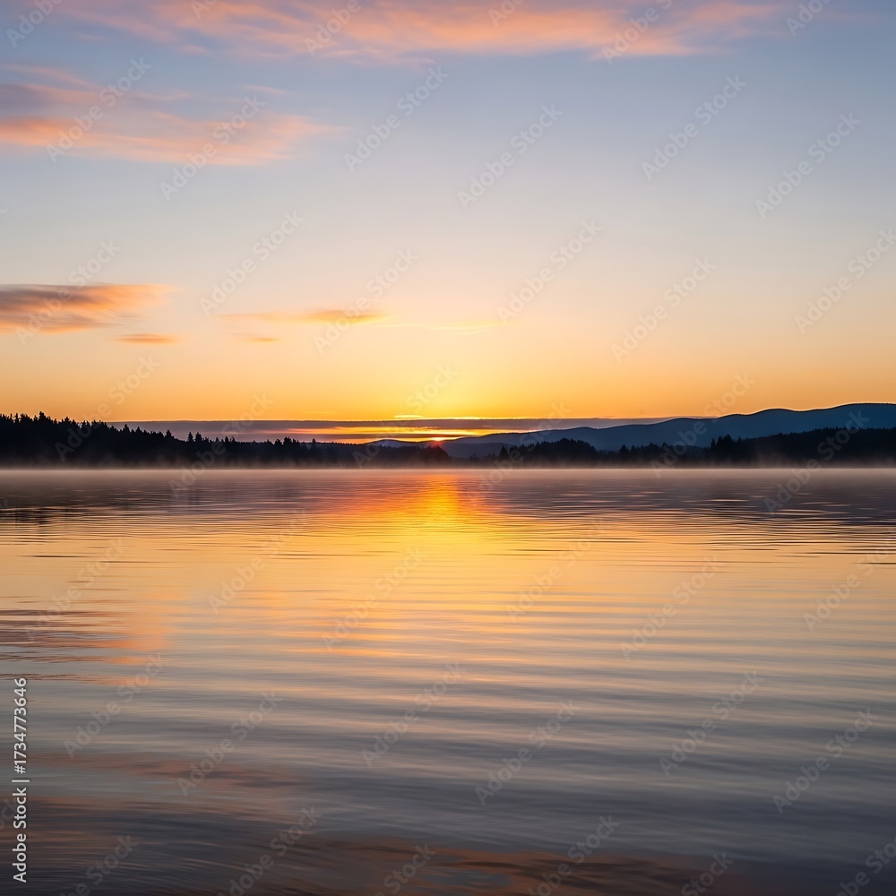 Naklejka premium Sunrise over Calm Lake Water.