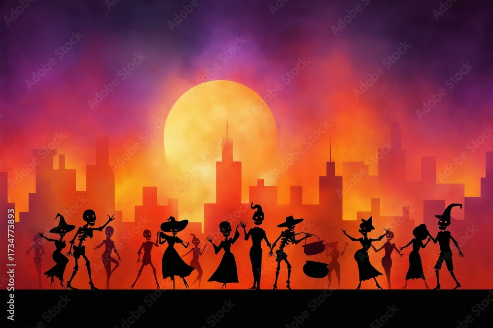 Fototapeta premium Silhouettes of skeletons celebrating Halloween in city skyline under full moon and orange sky symbolizing spooky holiday and haunted folklore, Generative AI