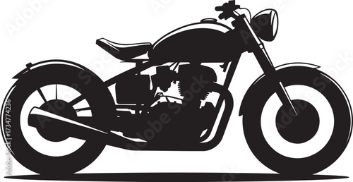 Classic motorcycle silhouette on transparent background, side view chopper icon in black