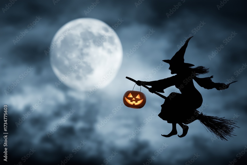 Fototapeta premium Silhouette of witch flying on broomstick across full moon with eerie night sky representing spooky Halloween folklore and magical tradition, Generative AI
