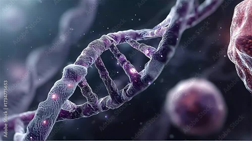 Close up view of purple dna strand and cells