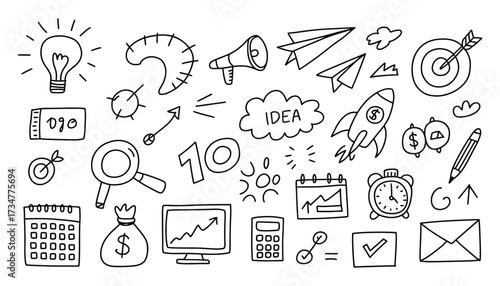 Doodle icons representing business growth ideas innovation success startup strategy development
