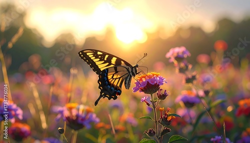 Fototapeta Naklejka Na Ścianę i Meble -  A butterfly sips nectar from a vibrant flower in a meadow bathed in golden sunlight at dawn.