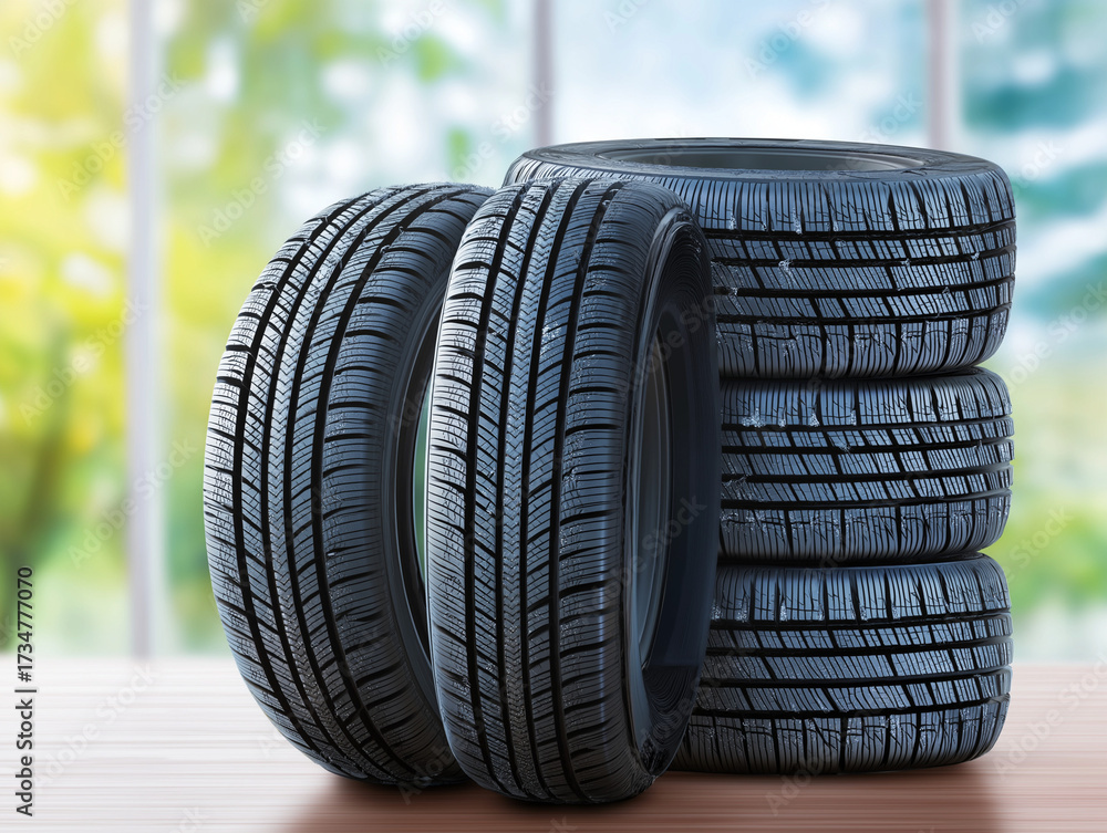 Obraz premium Stack of four winter tires arranged neatly in a service workshop, showcasing their tread patterns and durability for enhanced safety during winter driving conditions