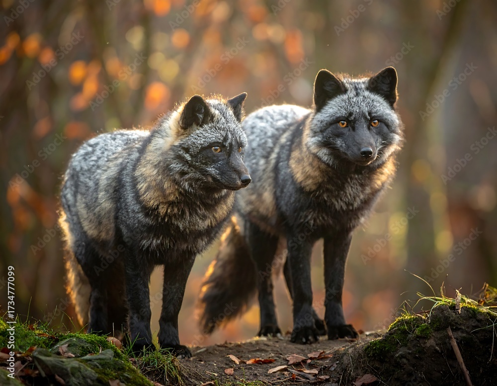 Obraz premium Two silver foxes stand alert in a sunlit forest, showcasing their striking grey-black fur and sharp features.