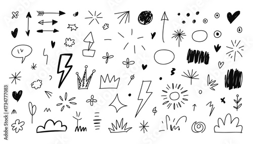 Collection of hand-drawn doodle elements stars hearts clouds lightning bolt flowers crowns arrows abstract shapes symbols