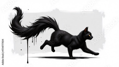 Elegant black cat with a fluffy tail gracefully walks and drips ink