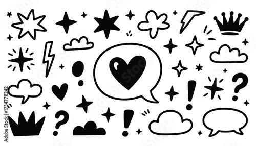 Whimsical hand drawn icons hearts stars clouds lightning bolts crowns and speech bubbles collection
