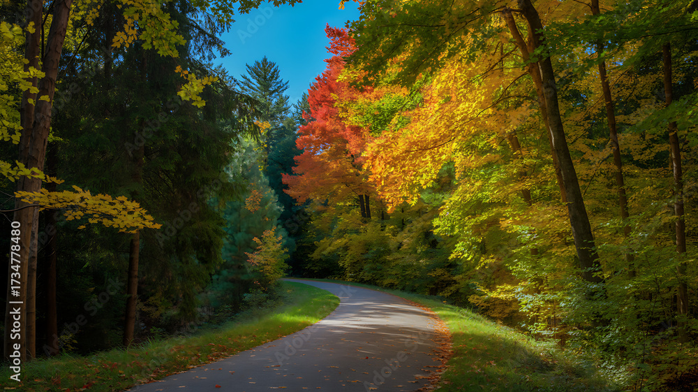 Fototapeta premium Winding Forest Path in Vibrant Autumn Colors with Golden Leaves and Blue Sky