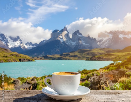 Coffee cup in the foreground on a rustic table with the stunning Cuernos del Paine and Lake Pehoé in Torres del Paine National Park, Chile. A unique scene of nature and relaxation.