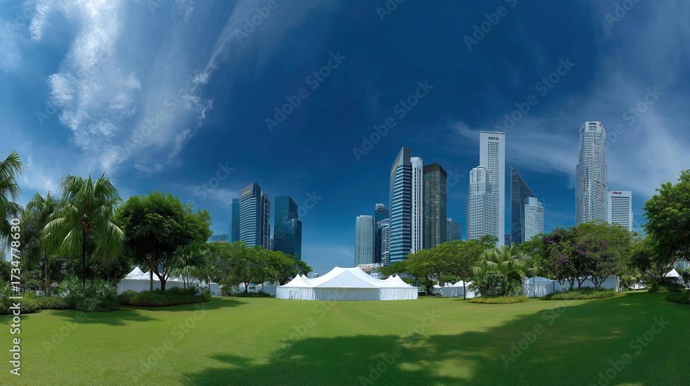 Obraz premium Landscape photograph of a city skyline. the sky is blue with a few white clouds scattered across it.
