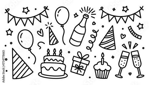 Celebration doodle elements featuring cake balloons party hats gifts and champagne toast