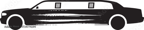 Limousine silhouette on transparent background, side view car icon in black brush stroke effect