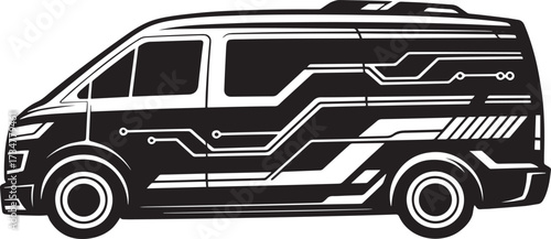 Minibus van silhouette isolated icon design element. Modern vehicle with circuit board pattern